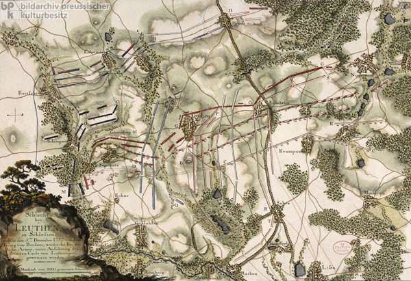 Wiedergabe des Aufmarschplans der Schlacht bei Leuthen am 5. Dezember 1757 (1758)